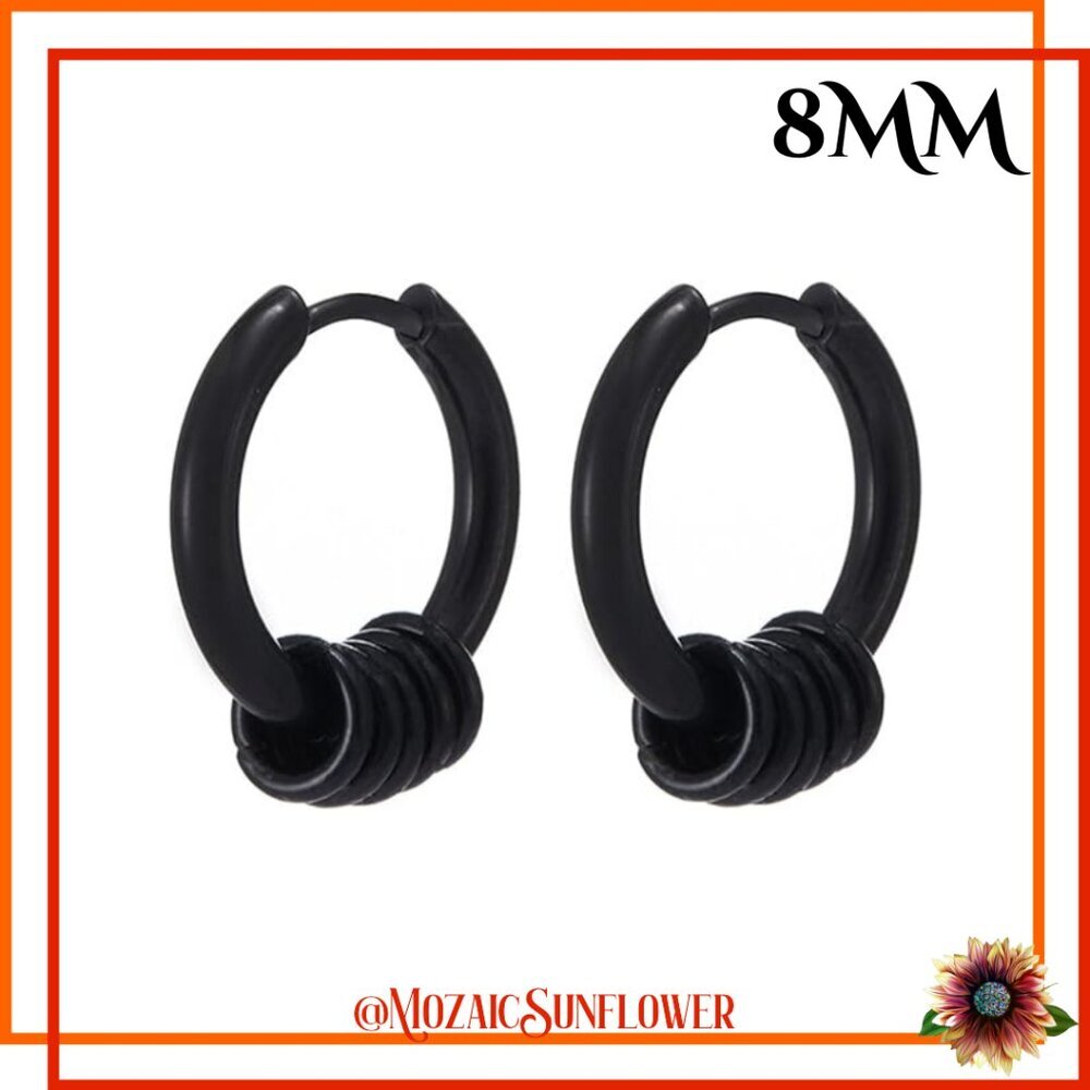516L BLACK Stainless Steel Hypoallergenic Multi Rings Hoop 8MM Unisex NWT